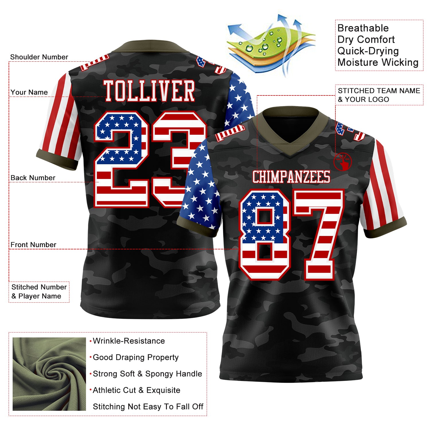Custom Camo USA Flag White Red-Olive Authentic Stars And Stripes Two Tone Salute To Service 7V7 Flag Football Jersey