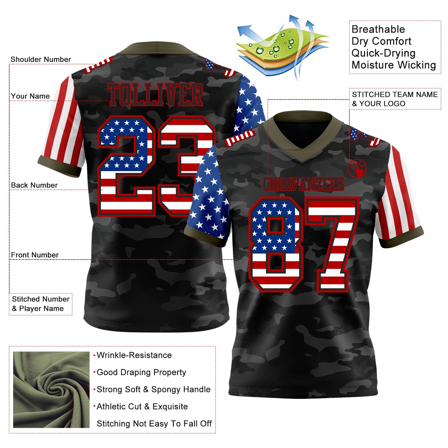 Custom Camo USA Flag Black Red-Olive Authentic Stars And Stripes Two Tone Salute To Service 7V7 Flag Football Jersey