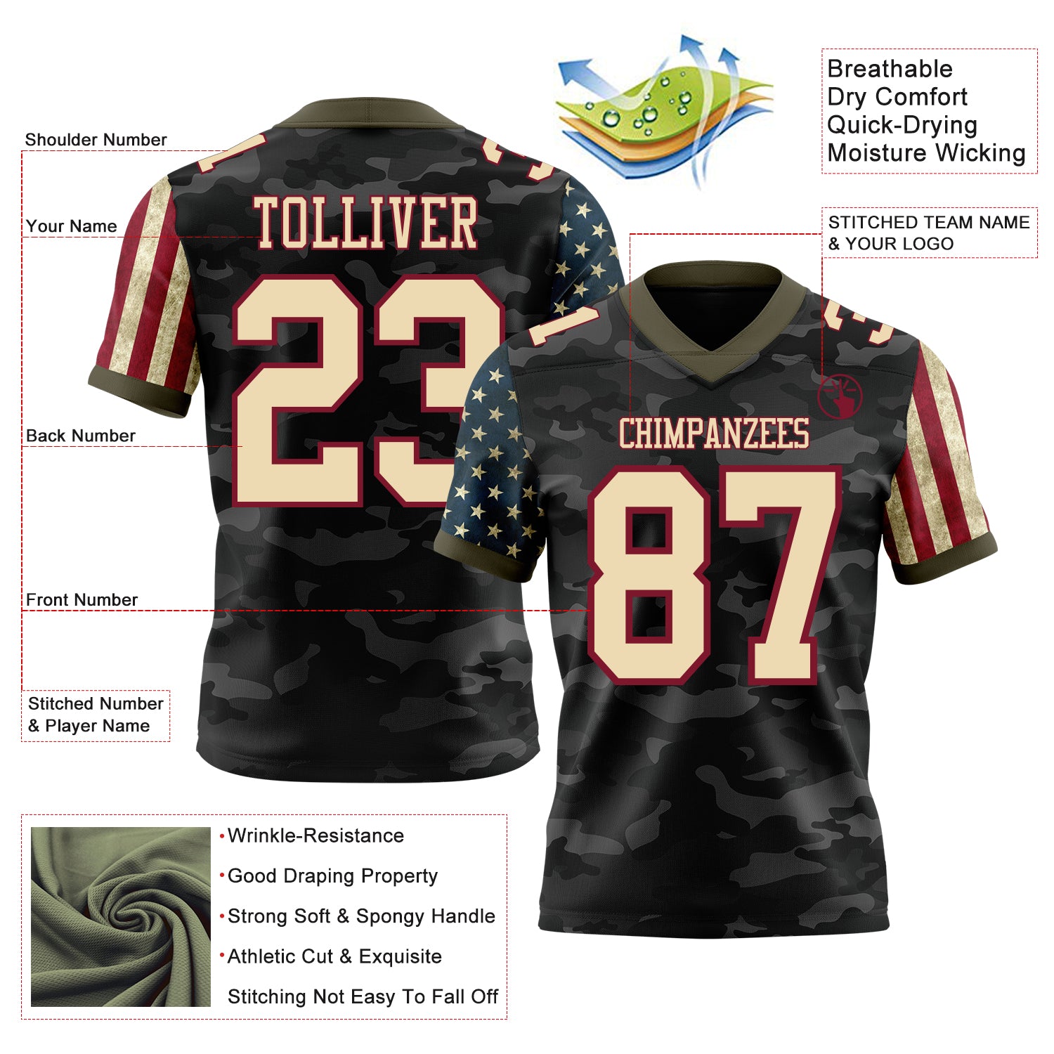Custom Camo Cream Crimson-Olive Authentic American Flag Stars And Stripes Two Tone Salute To Service 7V7 Flag Football Jersey