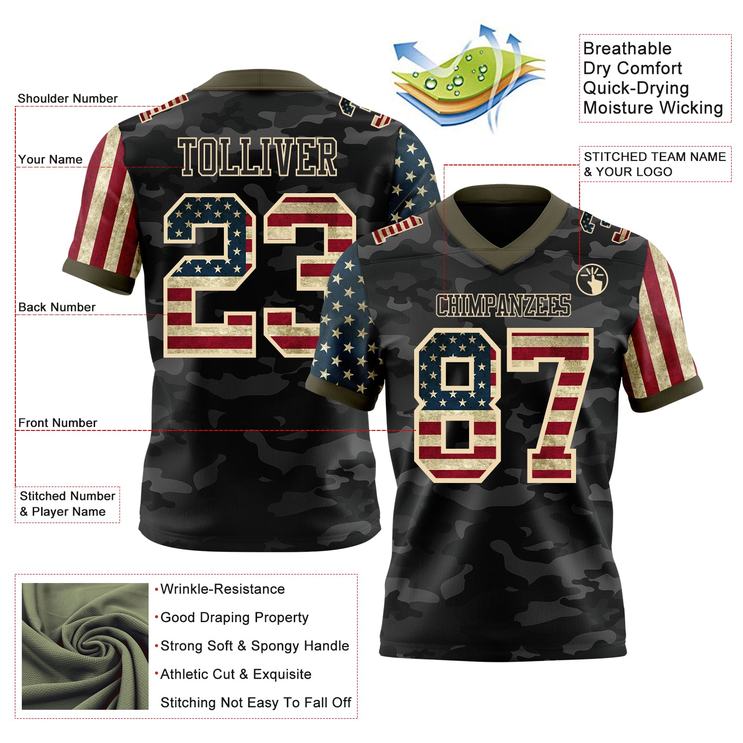 Custom Camo Vintage USA Flag Cream Black-Olive Authentic Stars And Stripes Two Tone Salute To Service 7V7 Flag Football Jersey