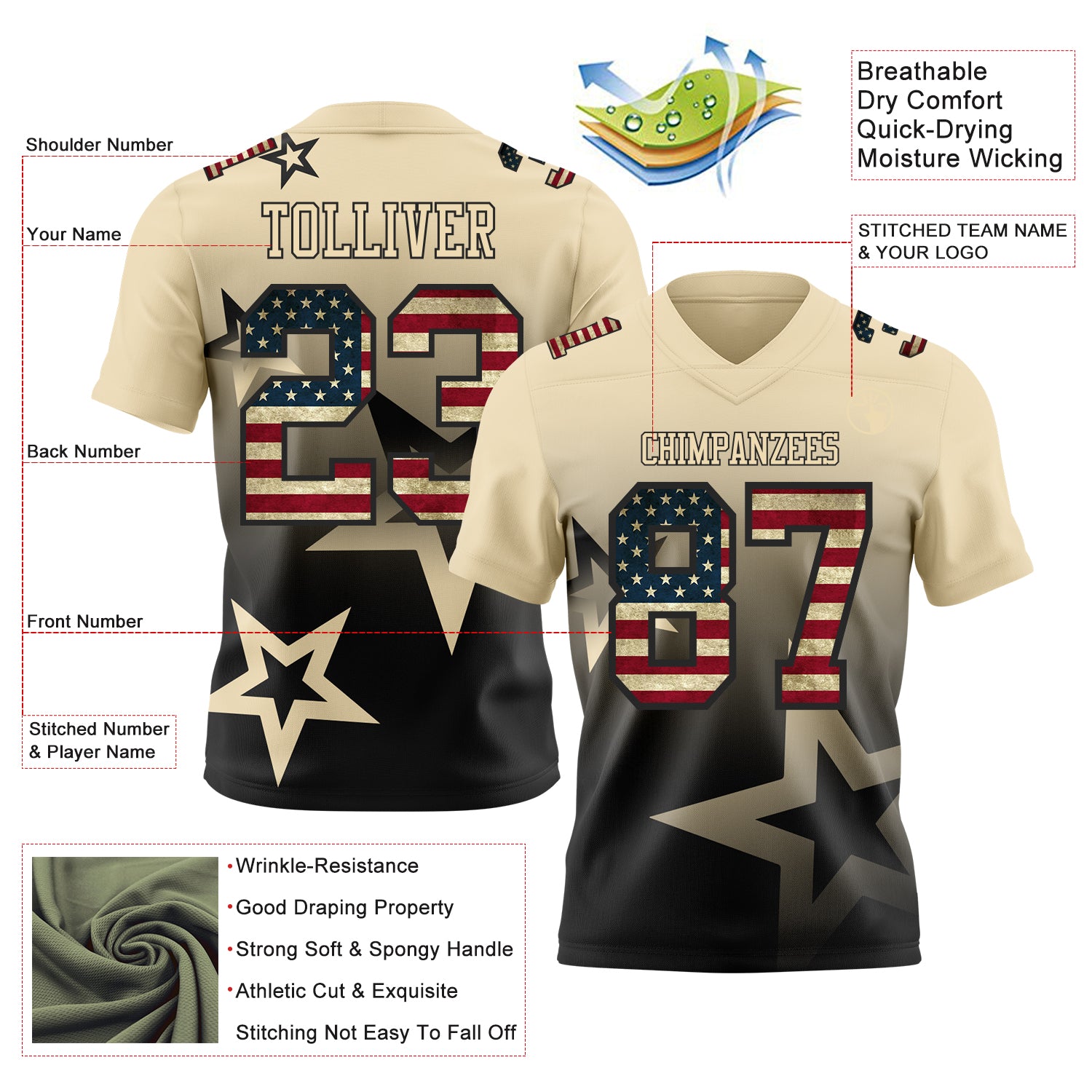Custom Cream Vintage USA Flag-Black Authentic Star Gradient 7V7 Flag Football Jersey