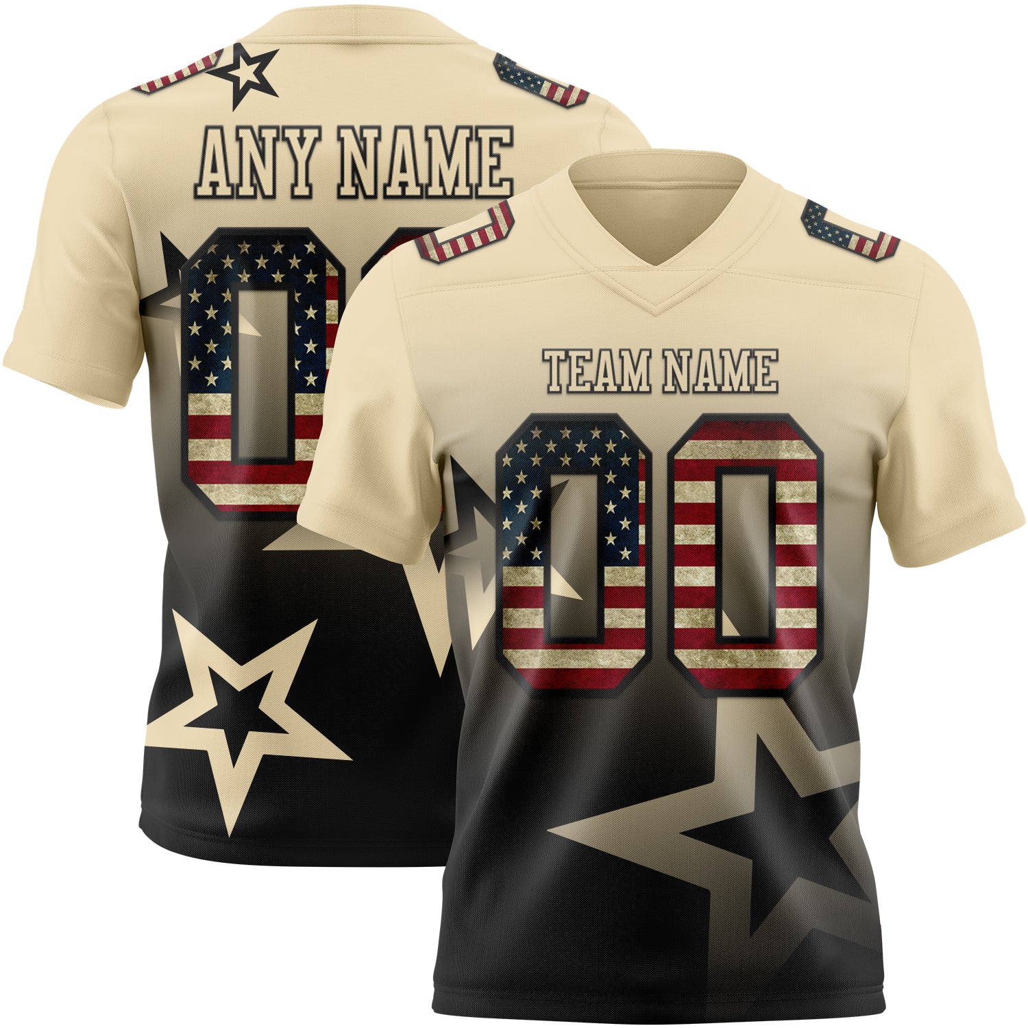 Custom Cream Vintage USA Flag-Black Authentic Star Gradient 7V7 Flag Football Jersey