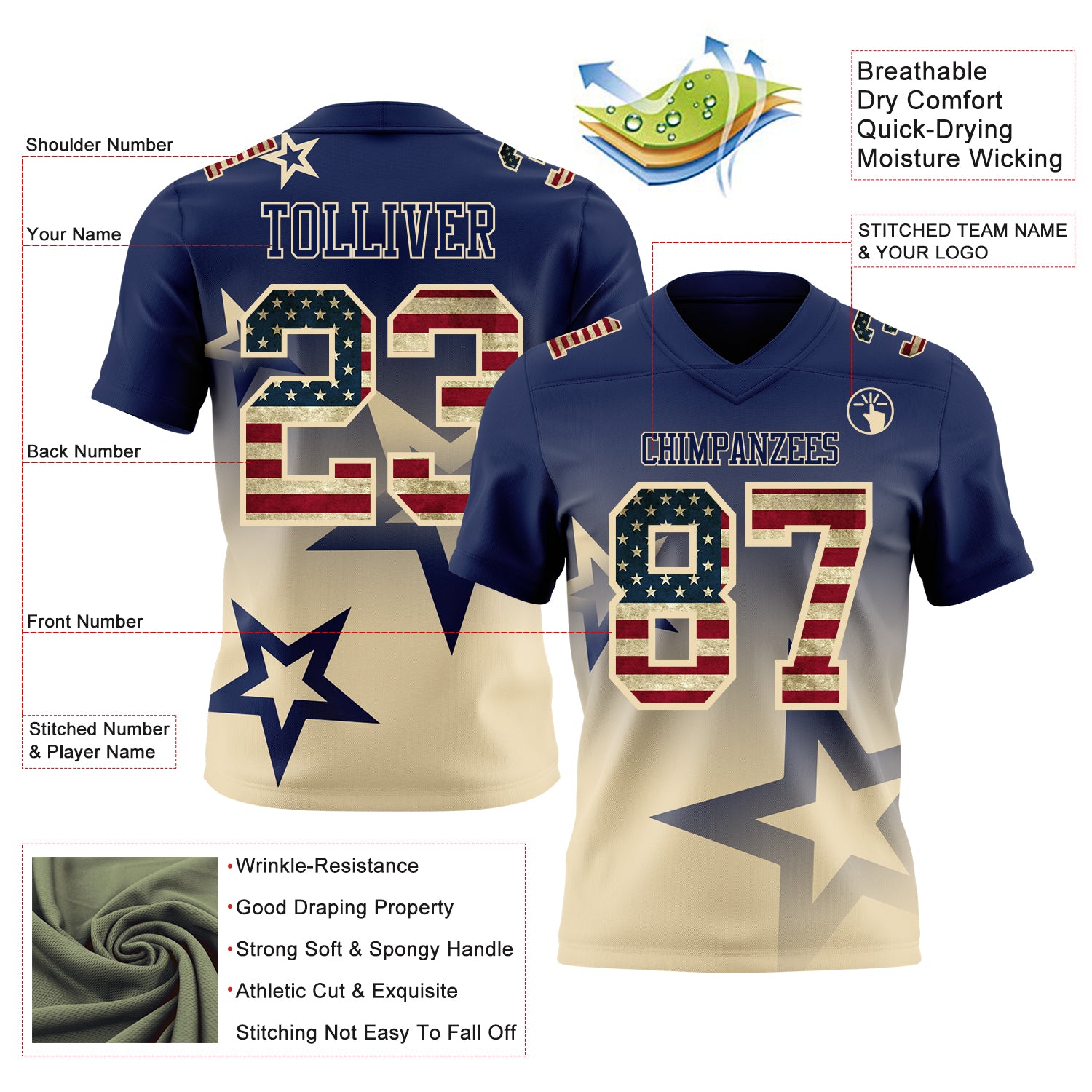 Custom Navy Vintage USA Flag-Cream Authentic Star Gradient 7V7 Flag Football Jersey