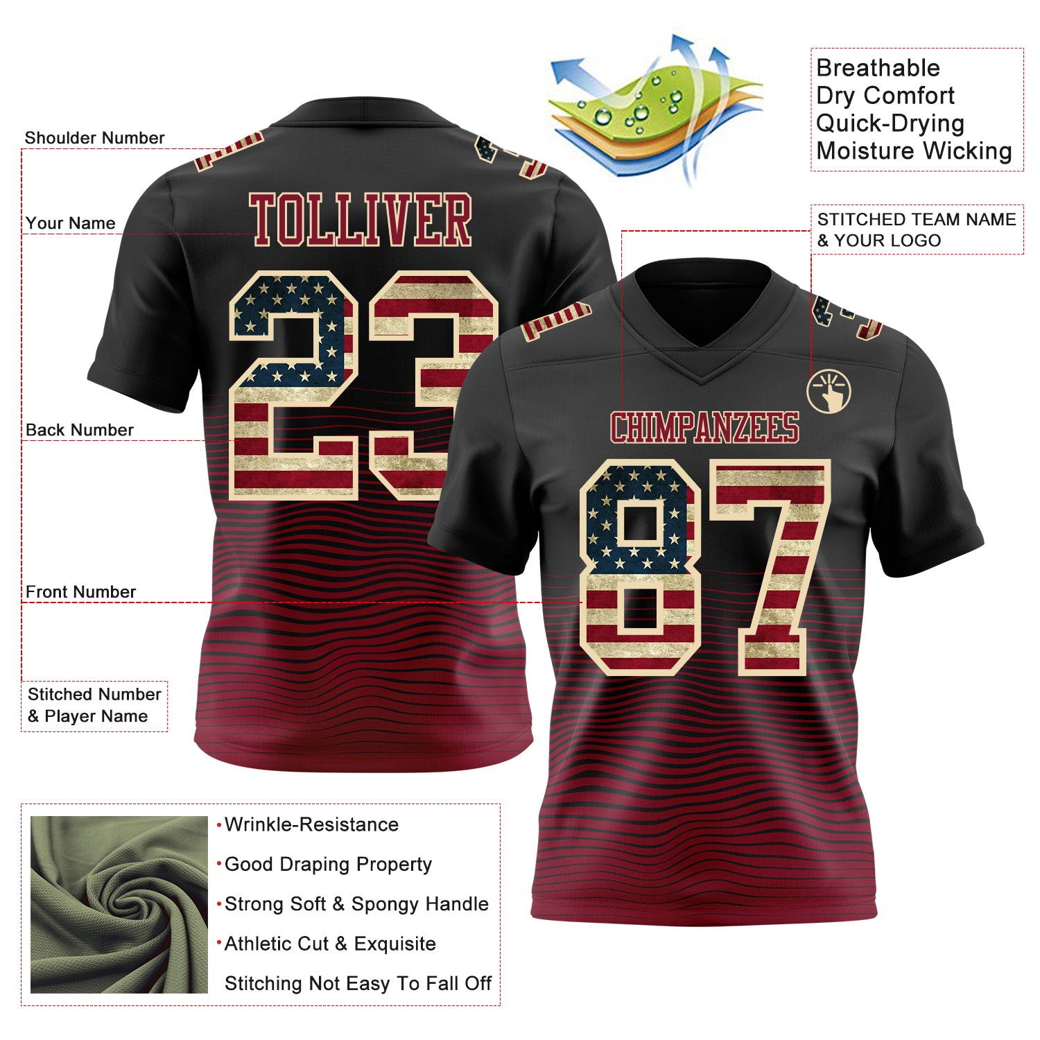 Custom Black Vintage USA Flag Crimson-Cream Authentic Fluid Wave Line Fade 7V7 Flag Football Jersey