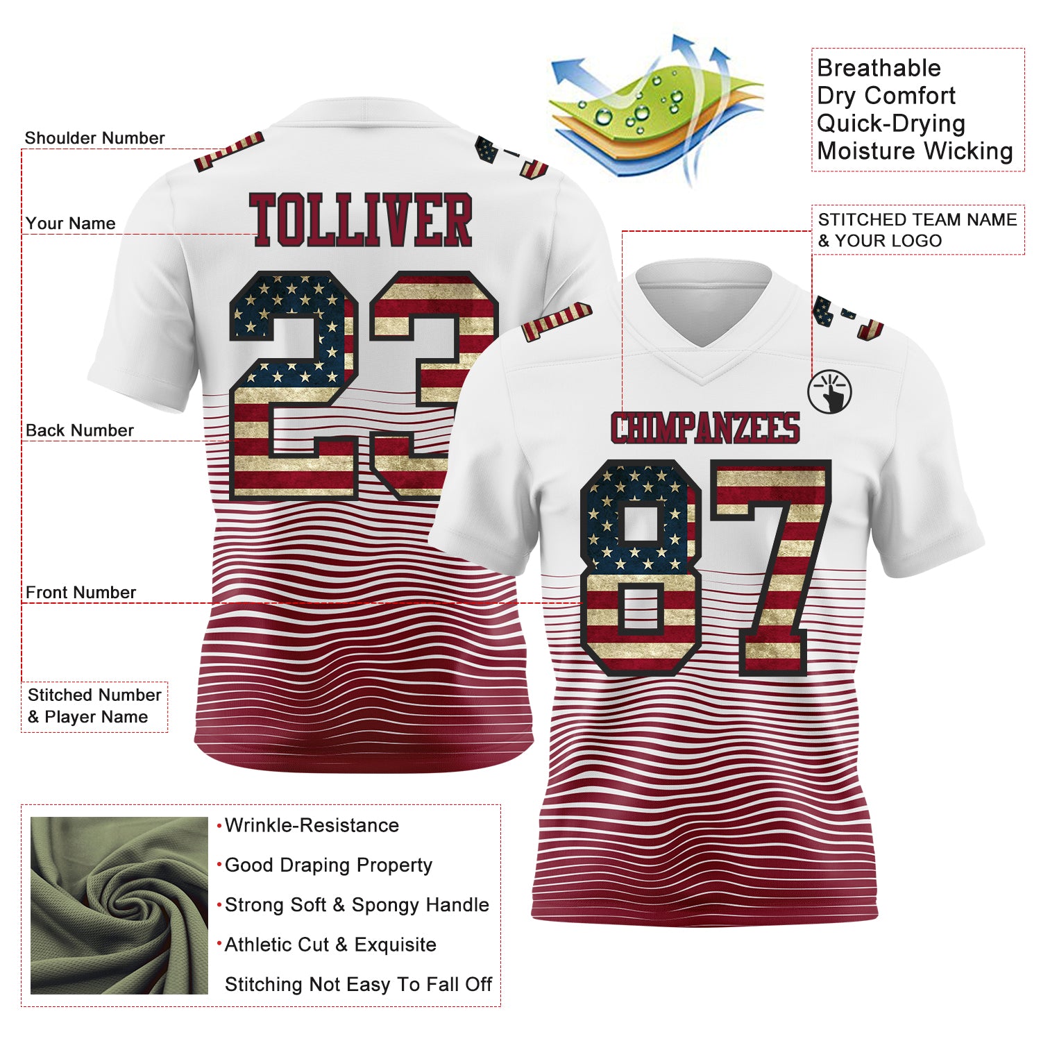 Custom White Vintage USA Flag Crimson-Black Authentic Fluid Wave Line Fade 7V7 Flag Football Jersey