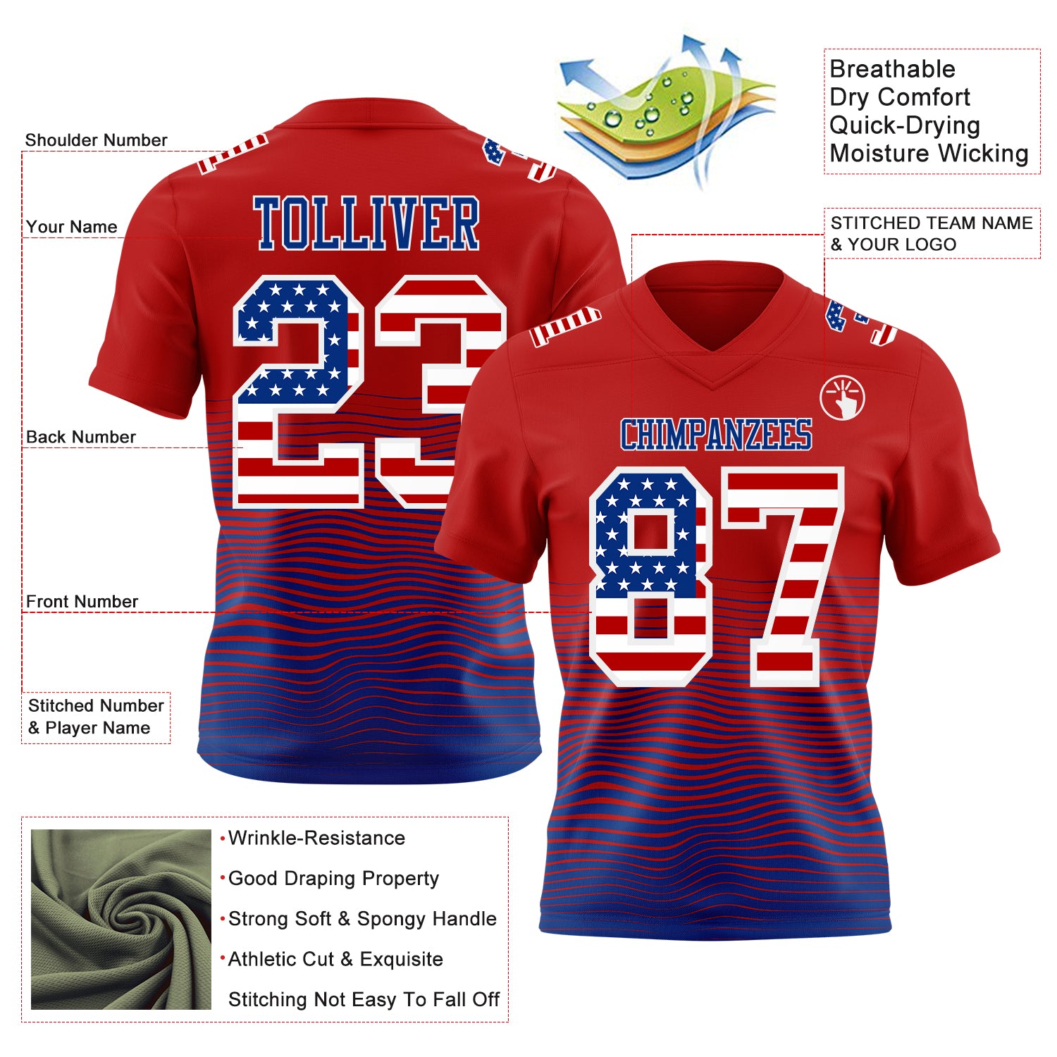 Custom Red USA Flag Royal-White Authentic Fluid Wave Line Fade 7V7 Flag Football Jersey