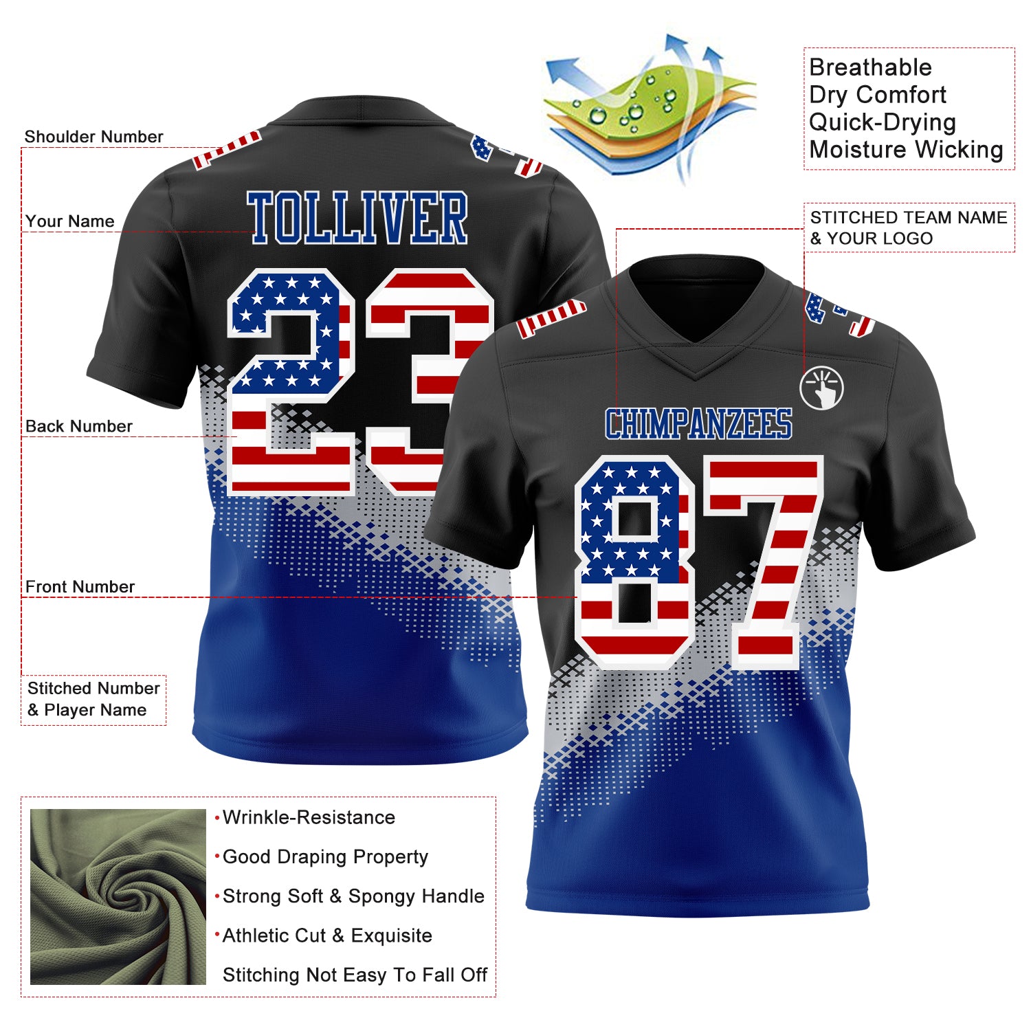 Custom Black USA Flag Gray Royal-White Authentic Geometric Gradient 7V7 Flag Football Jersey
