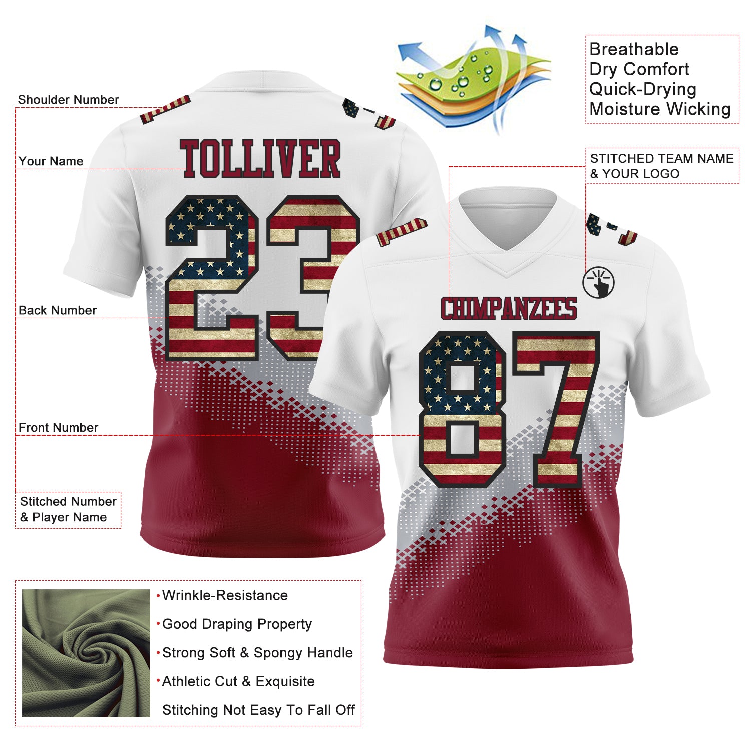 Custom White Vintage USA Flag Gray Crimson-Black Authentic Geometric Gradient 7V7 Flag Football Jersey