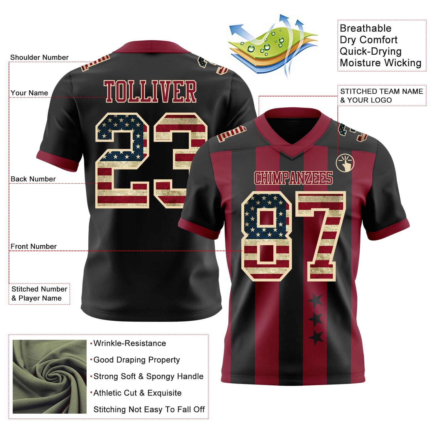 Custom Black Vintage USA Flag Crimson-Cream Authentic Stars And Stripes 7V7 Flag Football Jersey
