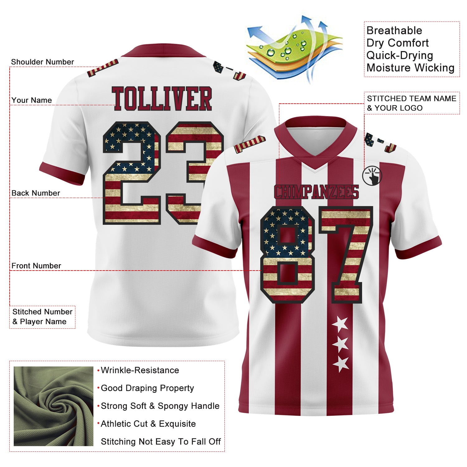 Custom White Vintage USA Flag Crimson-Black Authentic Stars And Stripes 7V7 Flag Football Jersey