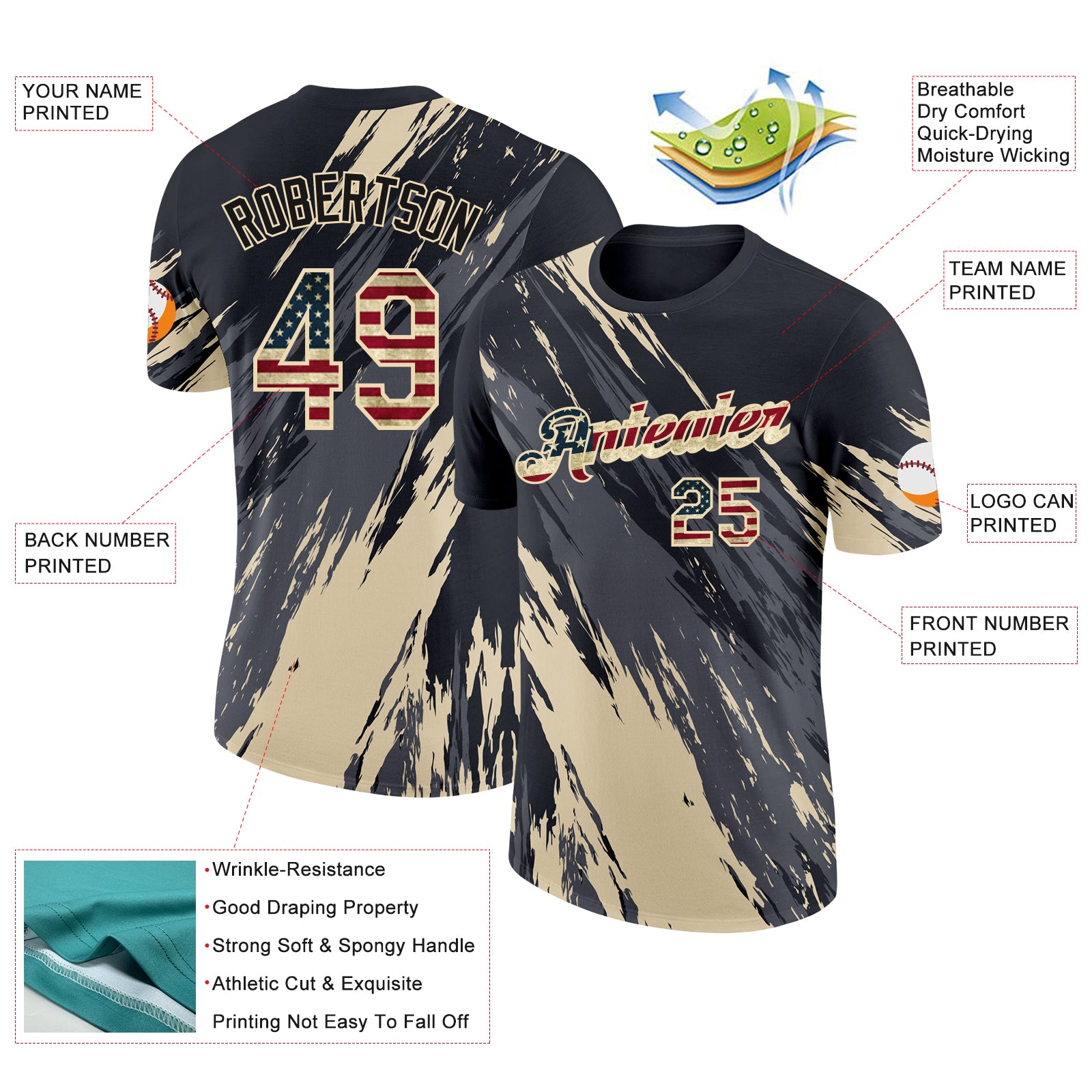 Custom Black Vintage USA Flag Steel Gray-Cream Abstract Brush Stroke Splatter Performance T-Shirt