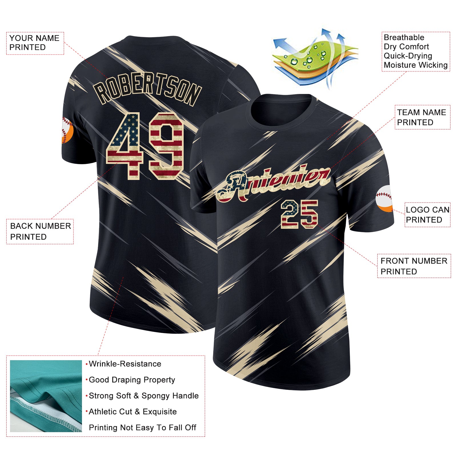 Custom Black Vintage USA Flag Steel Gray-Cream Abstract Brush Stroke Performance T-Shirt