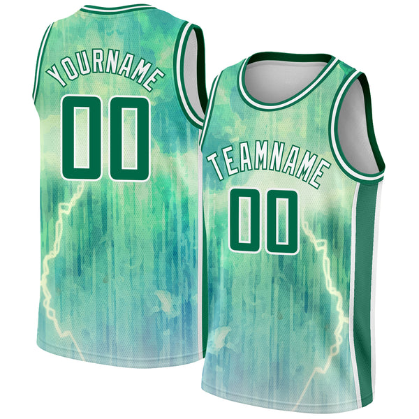 Custom Pea Green Kelly Green-White Abstract Watercolor Monsoon Authentic City Edition Basketball Jersey