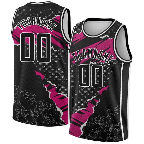 Custom Black Deep Pink-White 3D Pattern Design Torn Paper Style Authentic Basketball Jersey