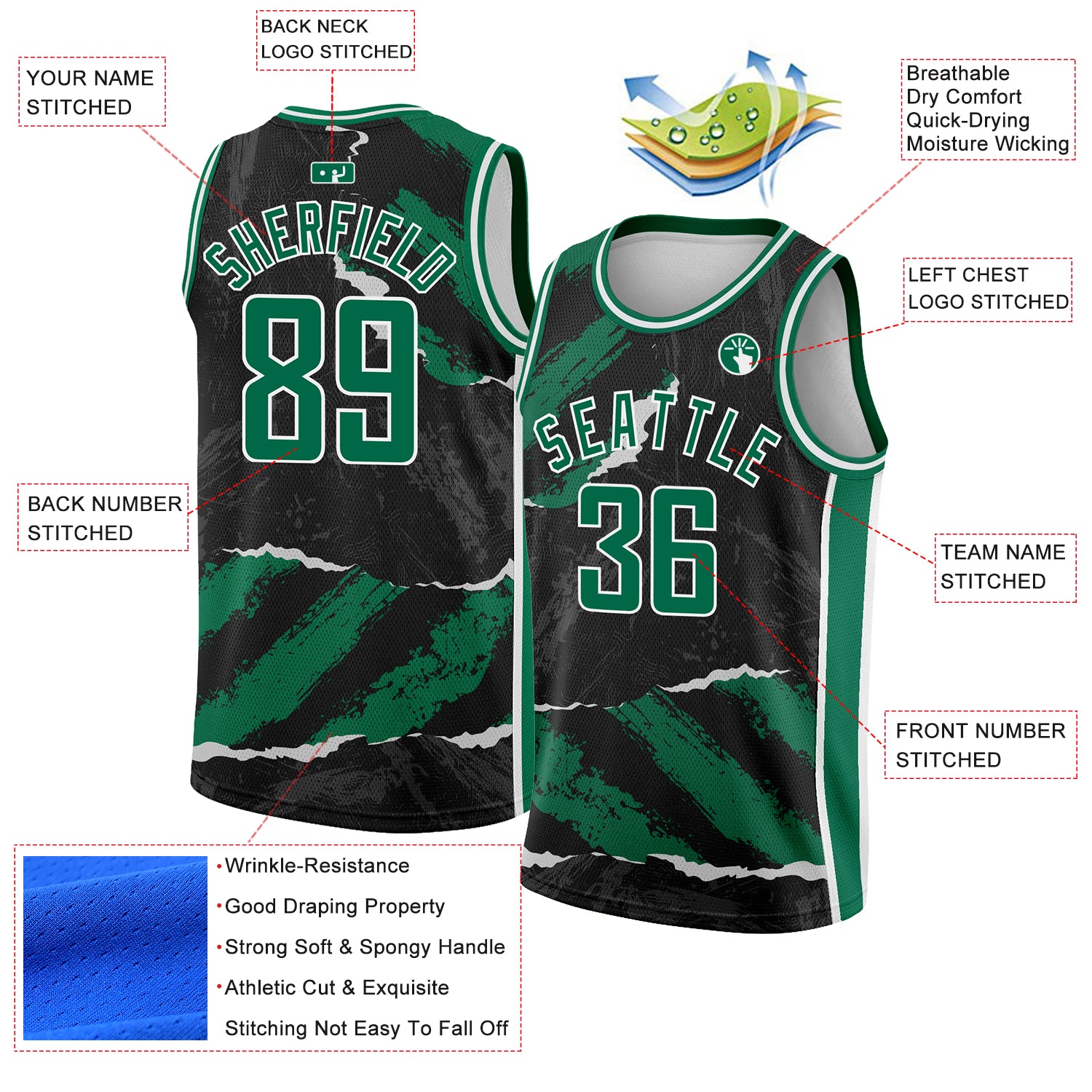 Custom Black Kelly Green-White 3D Pattern Design Torn Paper Style Authentic Basketball Jersey