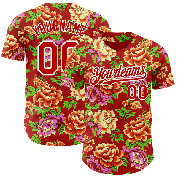 Custom Red-White 3D Pattern Design Northeast China Big Flower Authentic Baseball Jersey