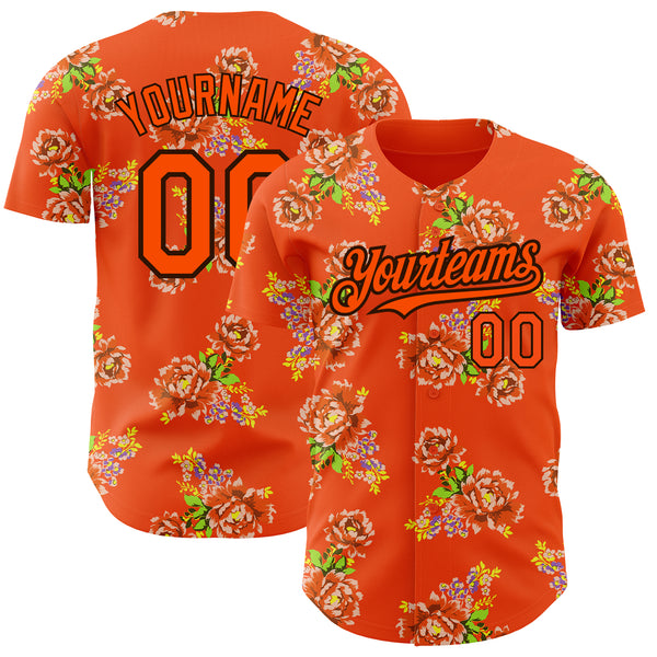 Custom Orange Black 3D Pattern Design Northeast China Big Flower Authentic Baseball Jersey