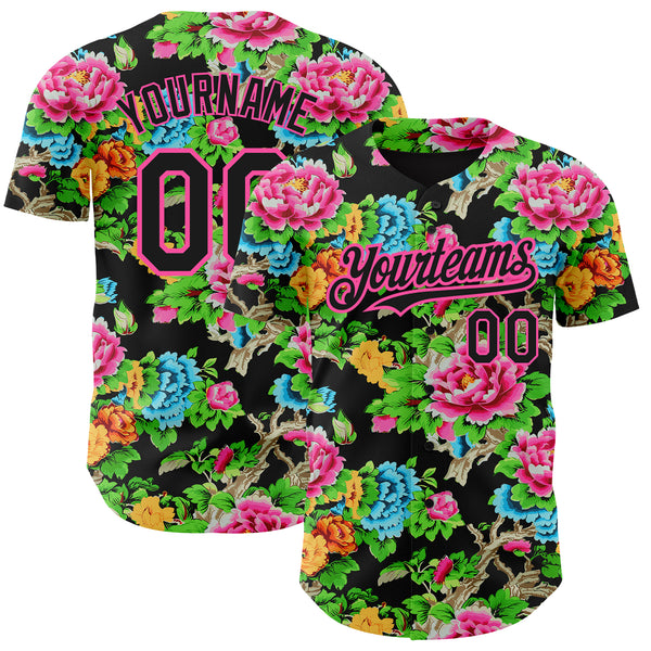Custom Black Pink 3D Pattern Design Northeast China Big Flower Authentic Baseball Jersey