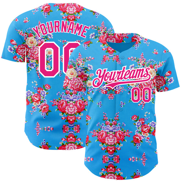 Custom Electric Blue Hot Pink-White 3D Pattern Design Northeast China Big Flower Authentic Baseball Jersey