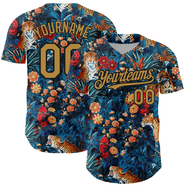 Custom Royal Old Gold-Black 3D Pattern Design Northeast China Big Flower And Leopard Authentic Baseball Jersey
