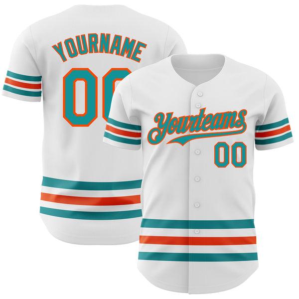 Custom White Teal-Orange Line Authentic Baseball Jersey