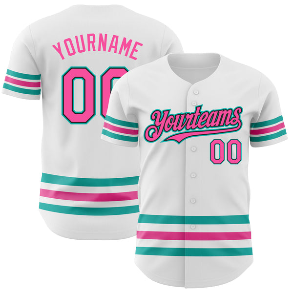 Custom White Pink Black-Aqua Line Authentic Baseball Jersey