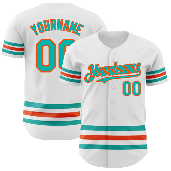 Custom White Aqua-Orange Line Authentic Baseball Jersey