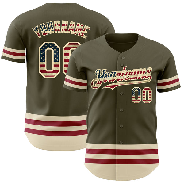 Custom Olive Vintage USA Flag Cream-Maroon Line Authentic Salute To Service Baseball Jersey