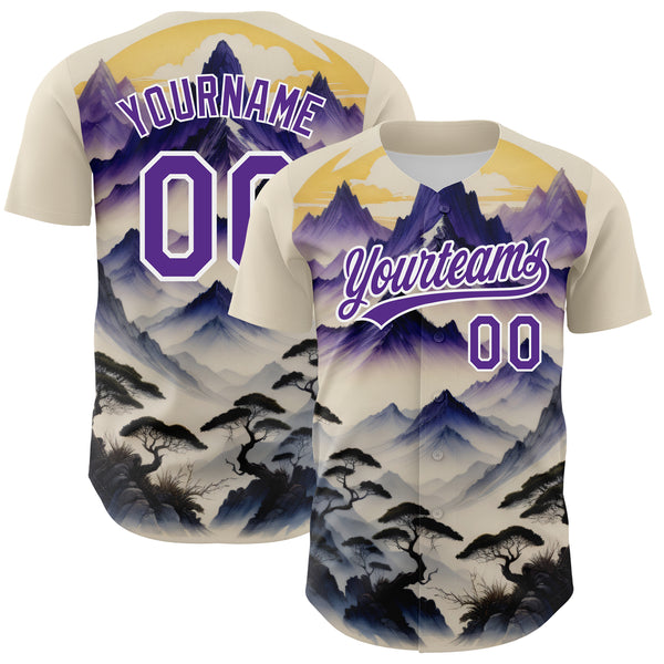 Custom White Purple 3D Pattern Design Mountains Landscape Authentic Baseball Jersey