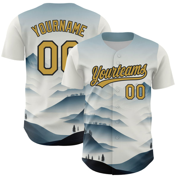 Custom White Old Gold-Black 3D Pattern Design Mountains Landscape Authentic Baseball Jersey