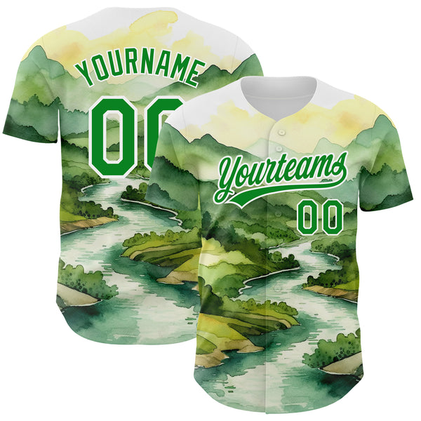Custom White Grass Green 3D Pattern Design Mountains Landscape Authentic Baseball Jersey