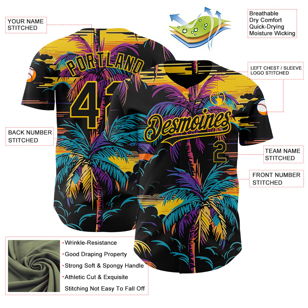 Custom Black Yellow 3D Pattern Design Tropical Hawaii Palms Trees Authentic Baseball Jersey