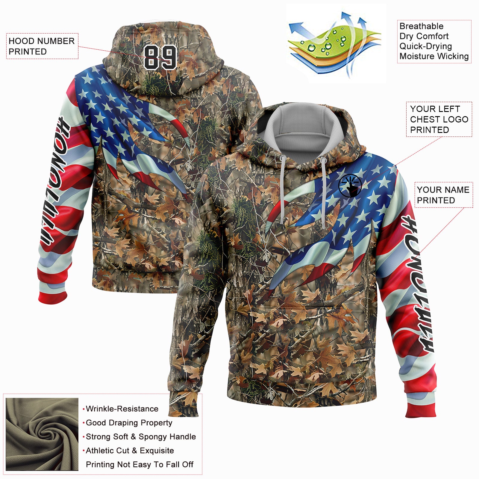 Custom Camo Black-White 3D American Flag Hunting Sports Pullover Sweatshirt Hoodie