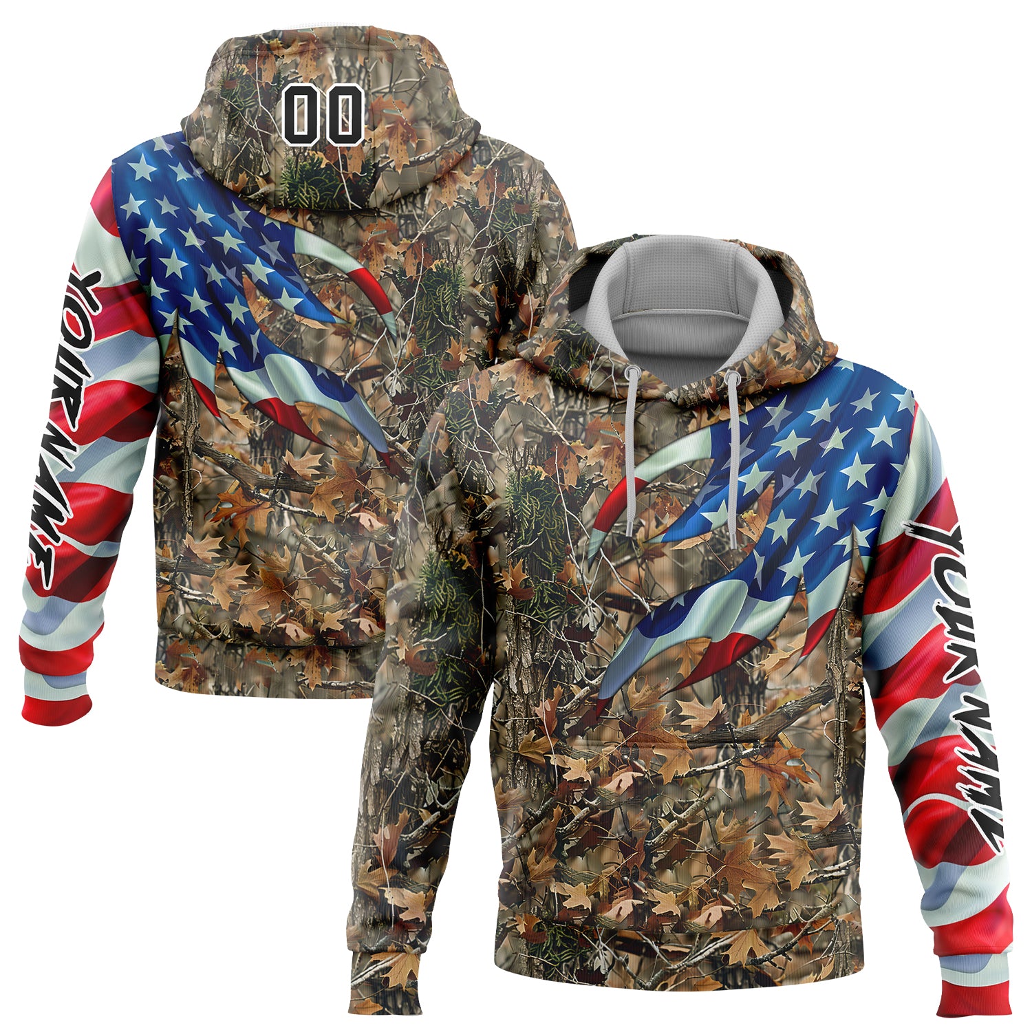 Custom Camo Black-White 3D American Flag Hunting Sports Pullover Sweatshirt Hoodie