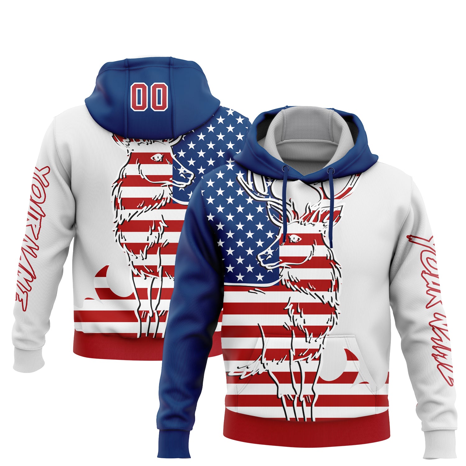 Custom White Red-US Navy Blue 3D American Flag And Deer Hunting Sports Pullover Sweatshirt Hoodie
