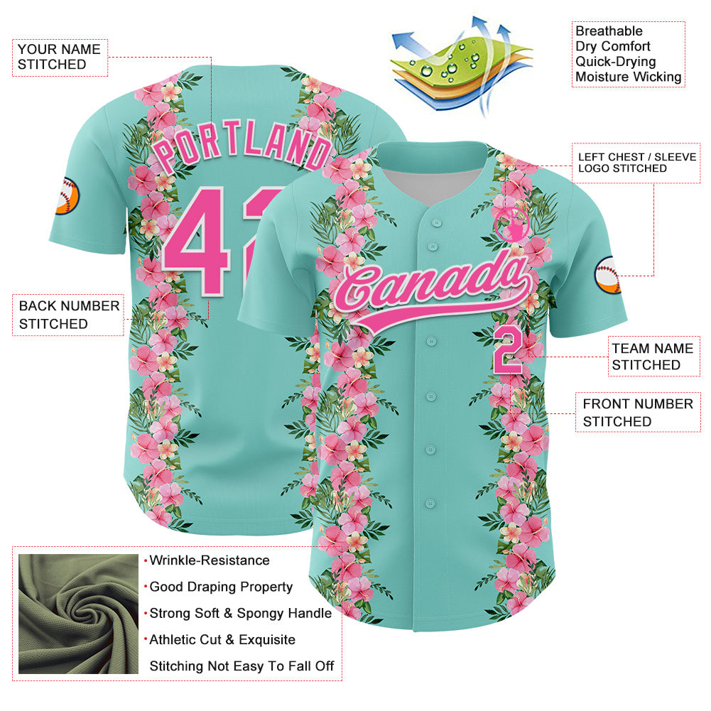 Custom Ice Blue Pink-White 3D Tropical Hawaii Jungle Leaves And Flower Authentic Baseball Jersey