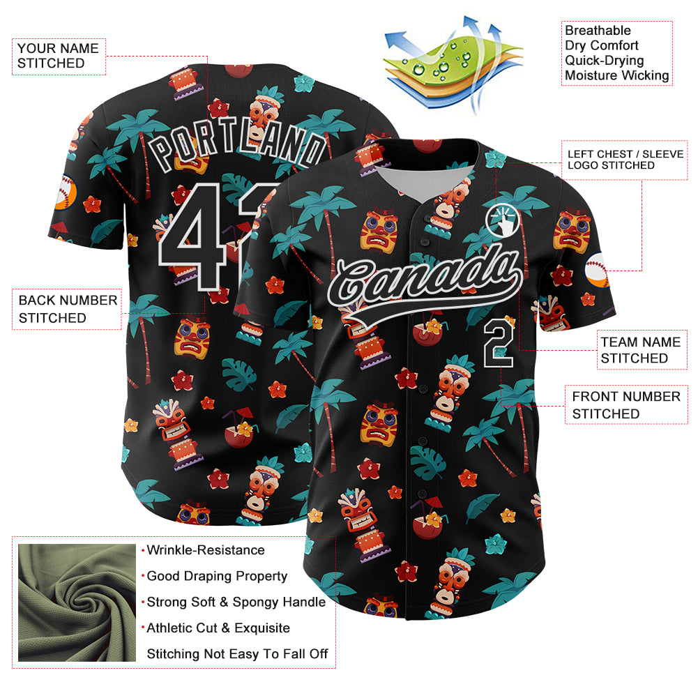Custom Black White 3D Hawaii Tropical Palm Tree Flower And Tiki Mask Authentic Baseball Jersey