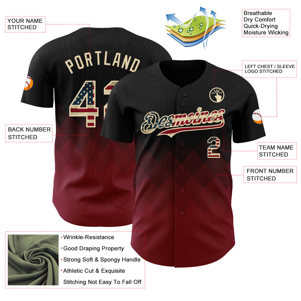 Custom Black Vintage USA Flag Crimson-Cream 3D Gradient Square Shape Authentic Baseball Jersey