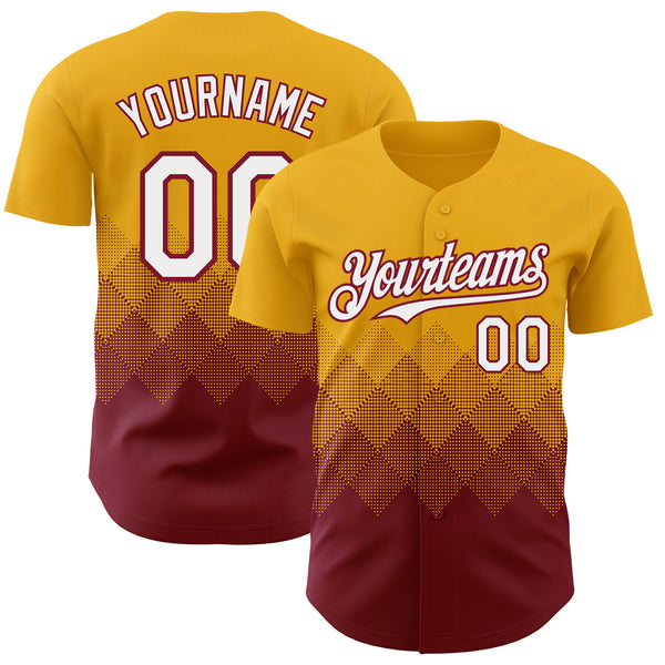 Custom Gold White-Crimson 3D Gradient Square Shape Authentic Baseball Jersey