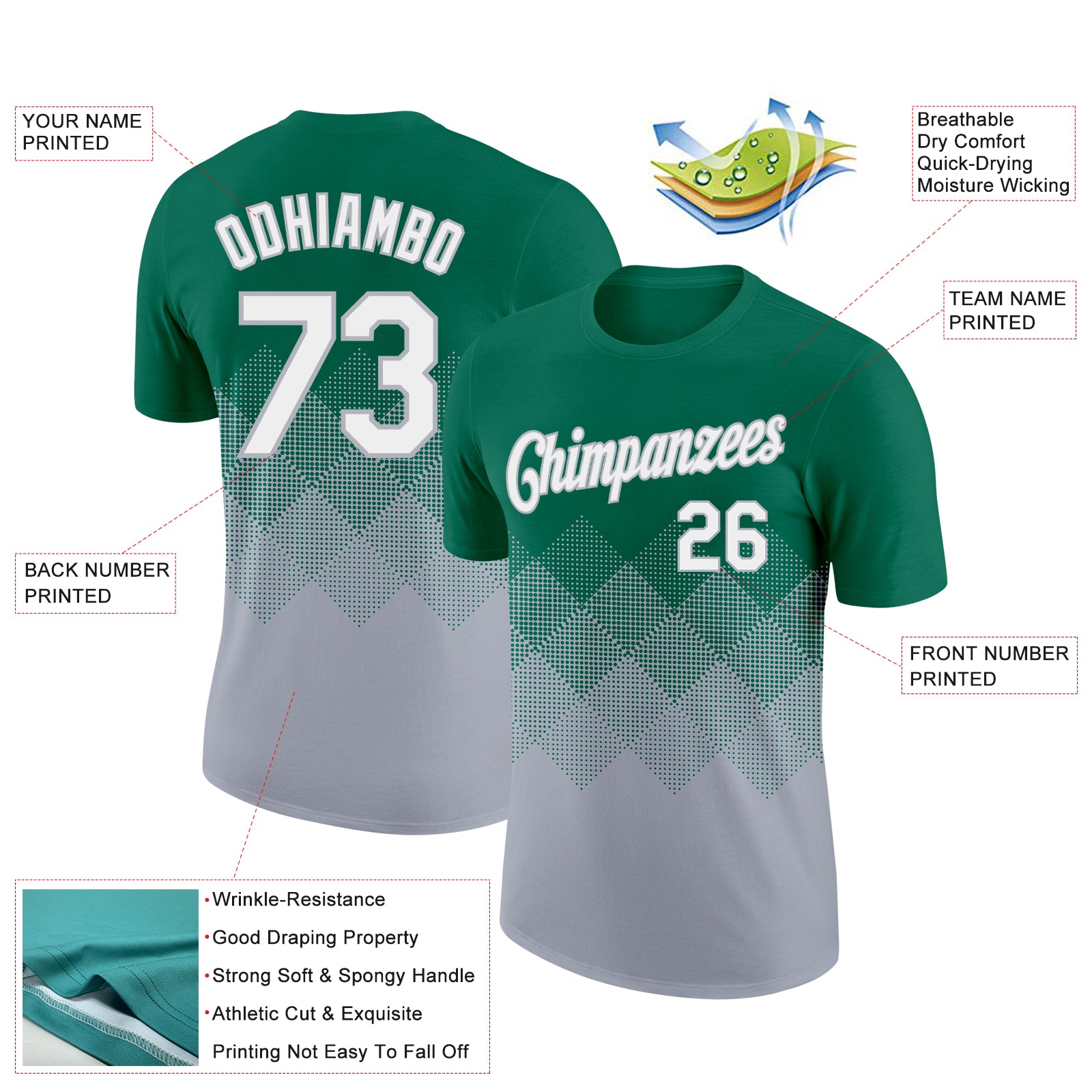 Custom Kelly Green White-Gray 3D Pattern Design Gradient Square Shapes Performance T-Shirt