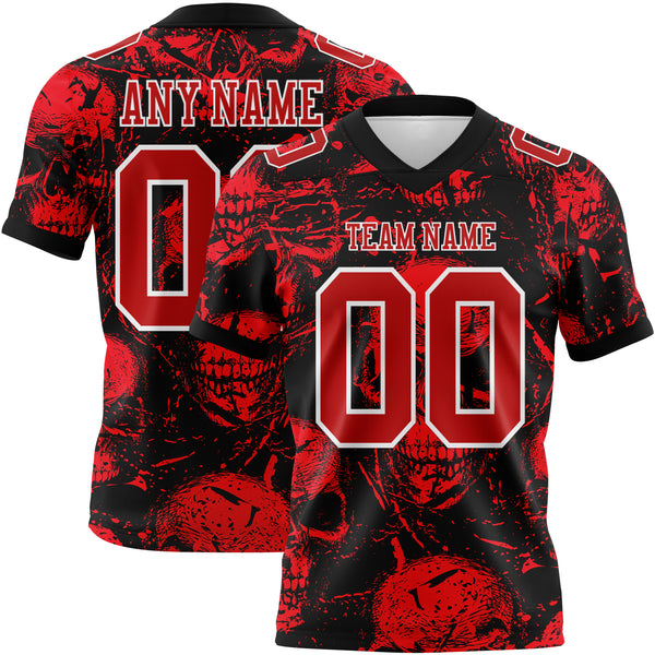 Custom Black Red-White 3D Pattern Halloween Skull Authentic Football Jersey