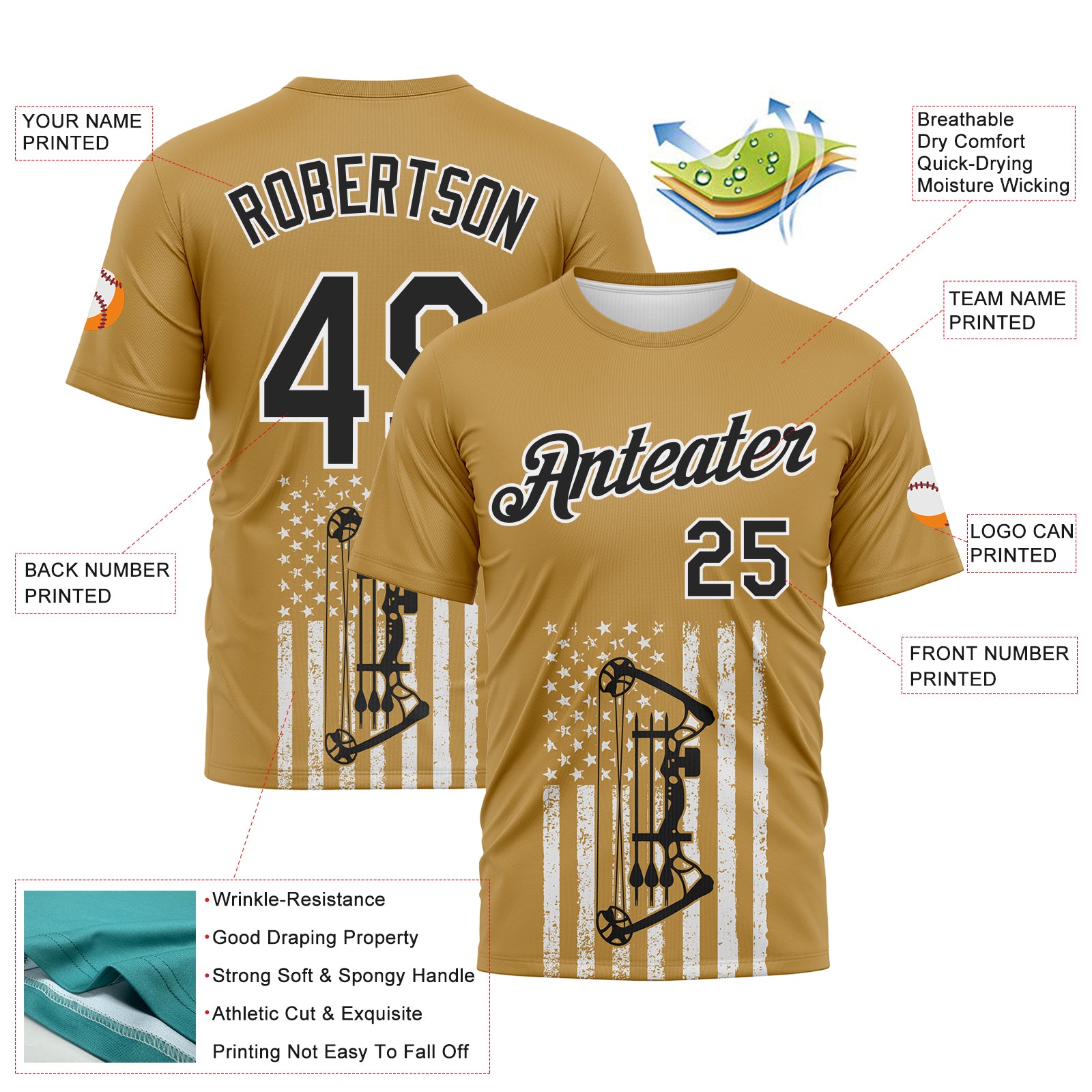 Custom Old Gold Black-White 3D Pattern Design Arrow Archery Bow Target American Flag Performance T-Shirt