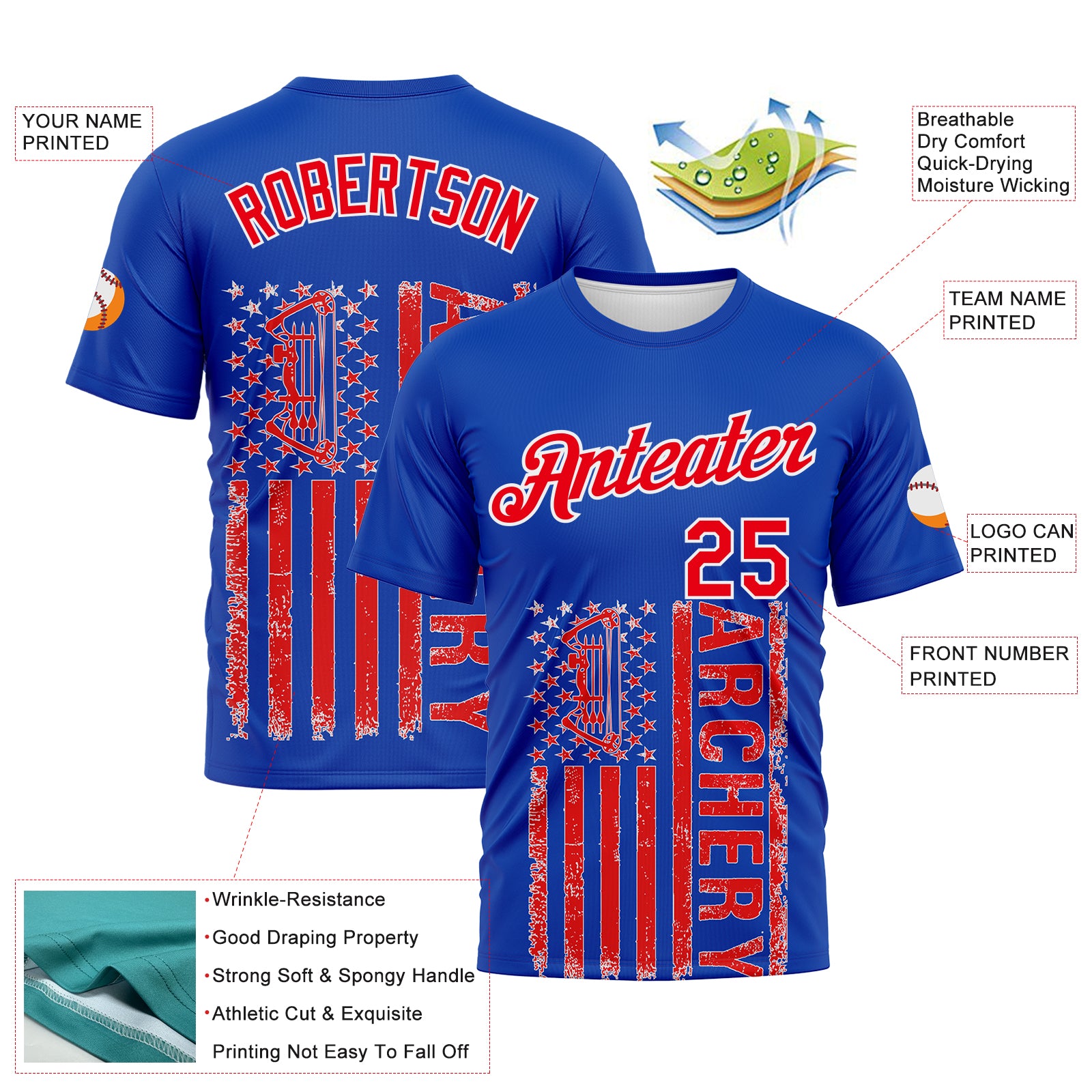 Custom Thunder Blue Fire Red-White 3D Pattern Design Arrow Archery Bow Target American Flag Performance T-Shirt