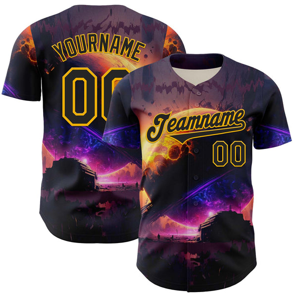 Custom Black Gold 3D Pattern Design Outer Space Solar Authentic Baseball Jersey
