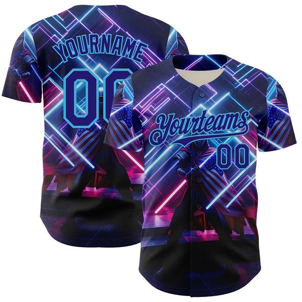 Custom Blue Dark Purple-Sky Blue 3D Pattern Design Outer Space Light Swords American Flag Authentic Baseball Jersey