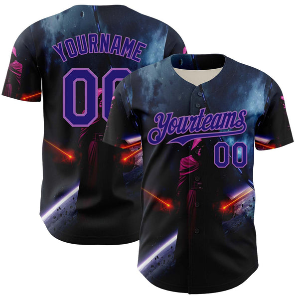 Custom Black Dark Purple-Medium Purple 3D Pattern Design Outer Space Light Swords Authentic Baseball Jersey