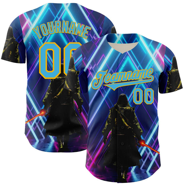 Custom Blue Sky Blue-Gold 3D Pattern Design Outer Space Light Swords Authentic Baseball Jersey