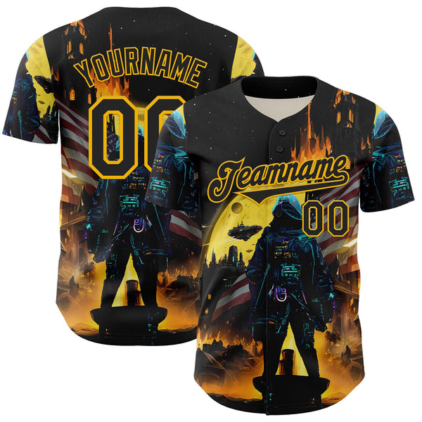 Custom Black Gold 3D Pattern Design Outer Space Starships American Flag Authentic Baseball Jersey