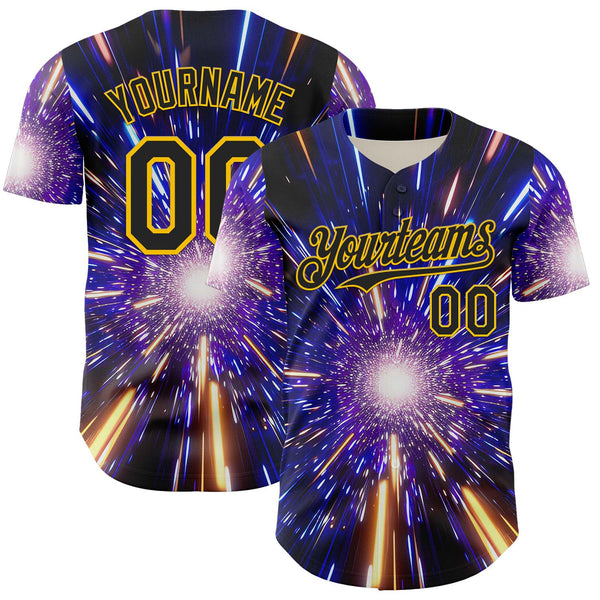 Custom Blue Black-Yellow 3D Pattern Design Outer Space Time Travel Authentic Baseball Jersey