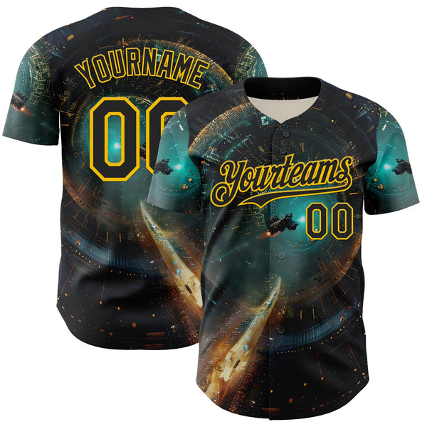 Custom Blue Black-Yellow 3D Pattern Design Outer Space Starships Authentic Baseball Jersey